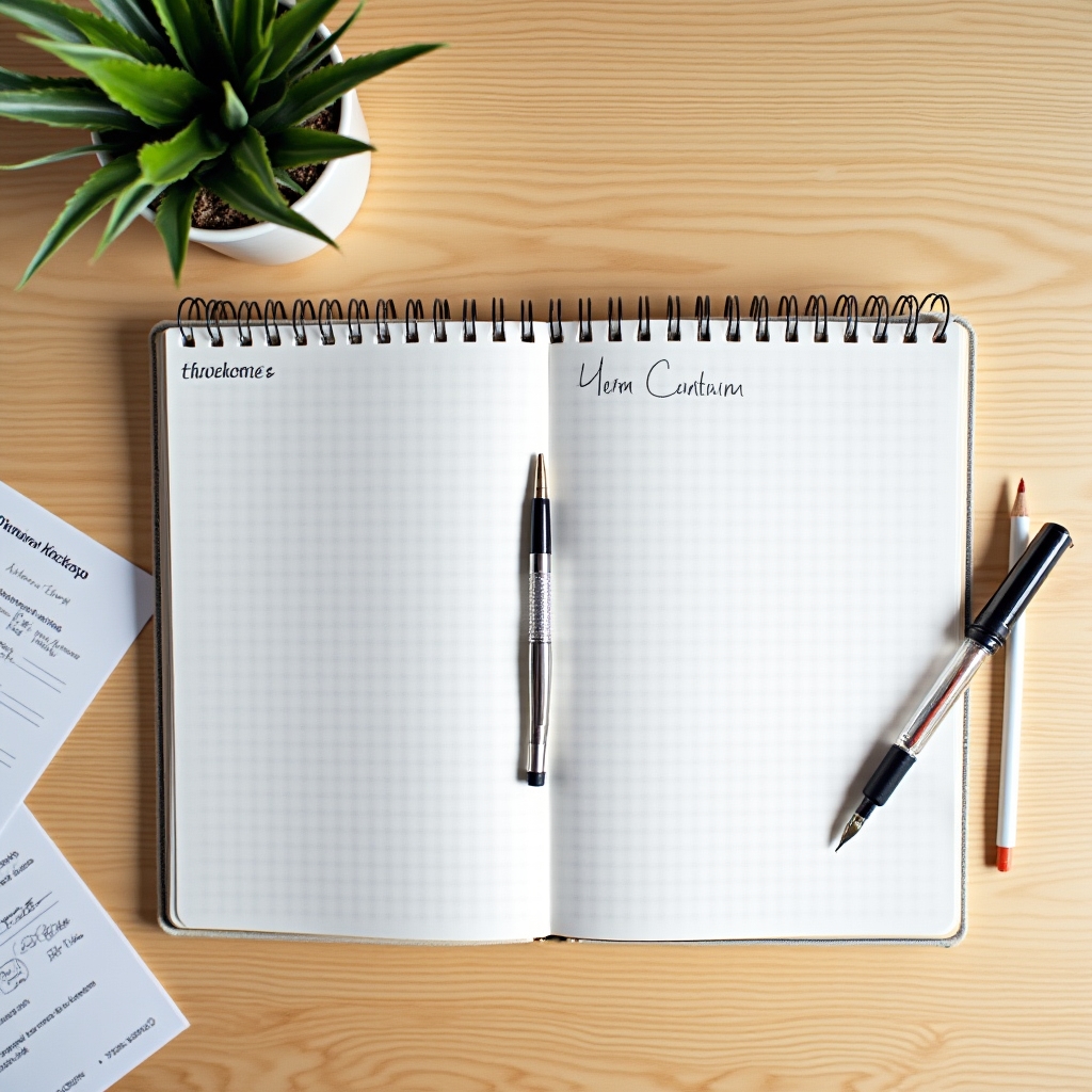 Open notebook and pen on a clean desk prepared for workshop notes and reflections