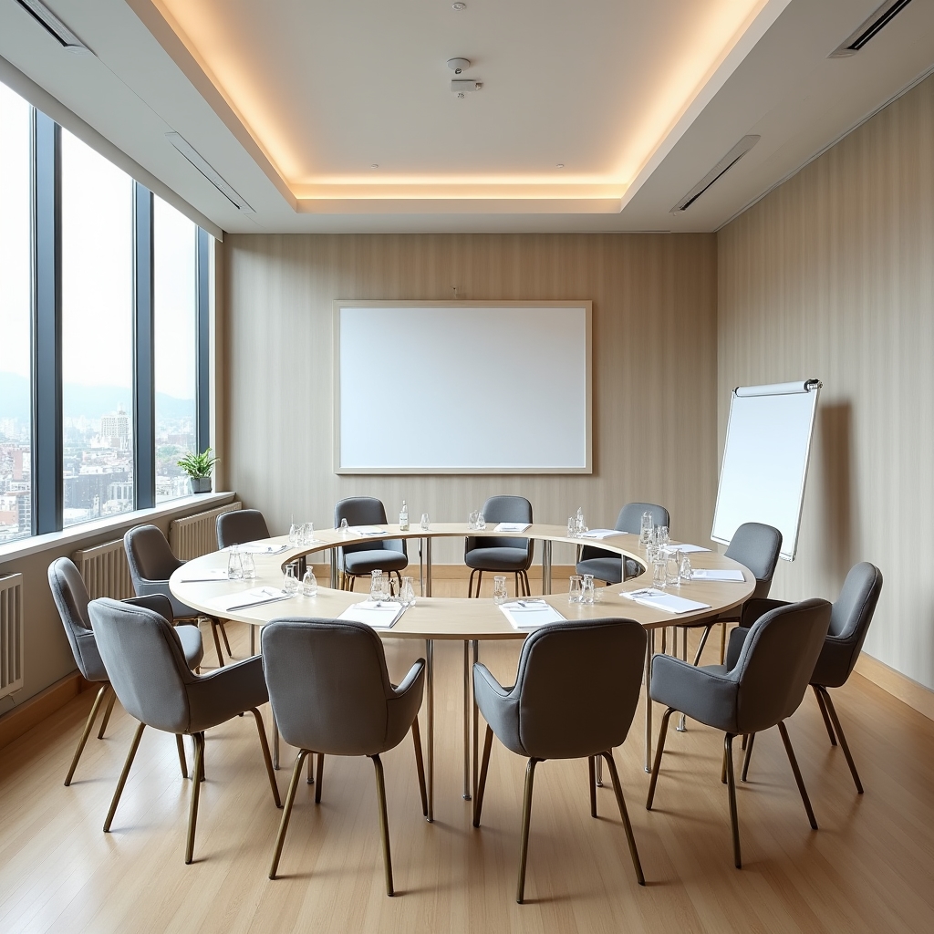 Professionally arranged workshop room with comfortable seating and natural lighting